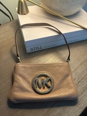 Michael Kors Beige/Tan Leather Wristlet with Gold MK Emblem